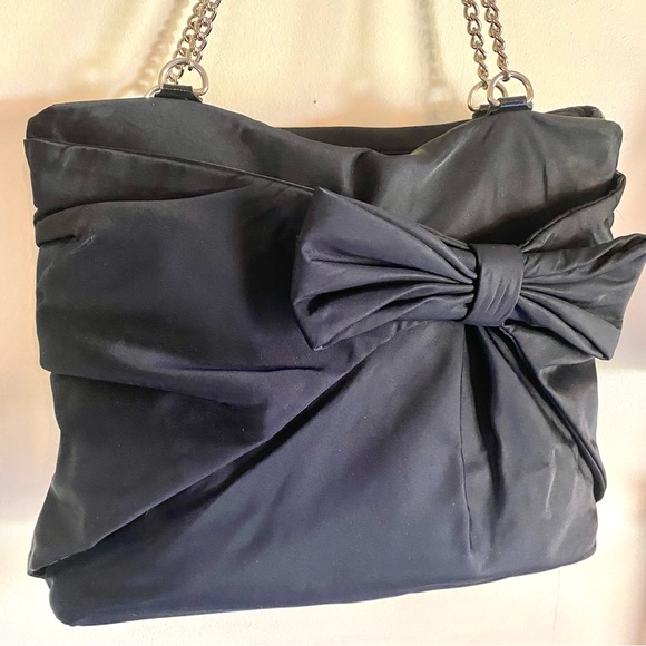 Kate Spade Nylon Bow Esther Tote Black with chain strap polka dot interior EUC - Picture 16 of 16